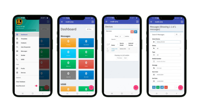 inst8 mobile dashboard showing messages dashboard, devices and message statuses