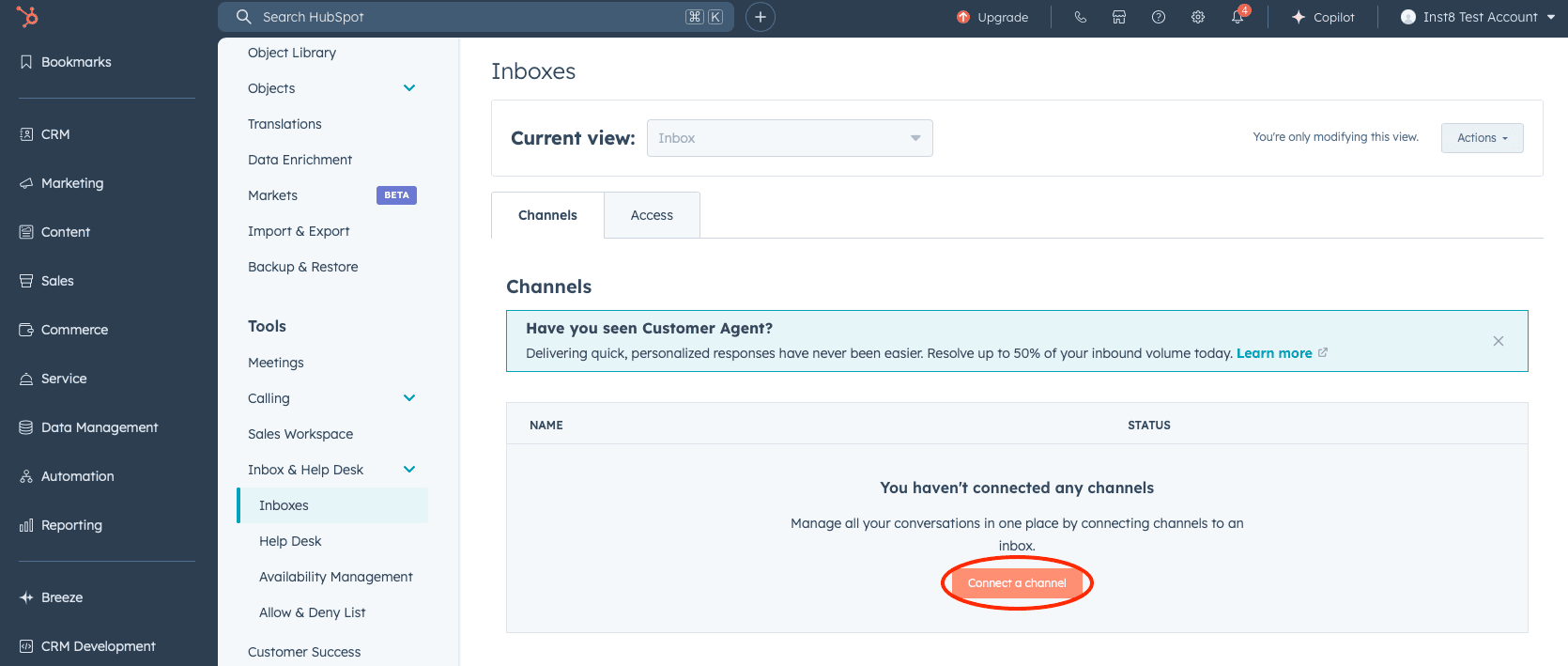 Connect the channel in HubSpot — screenshot