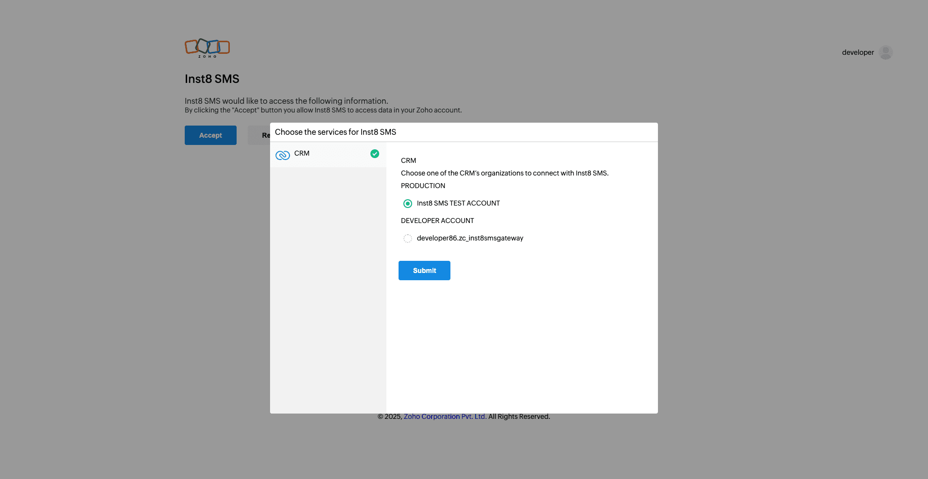 Pick the Zoho org — screenshot